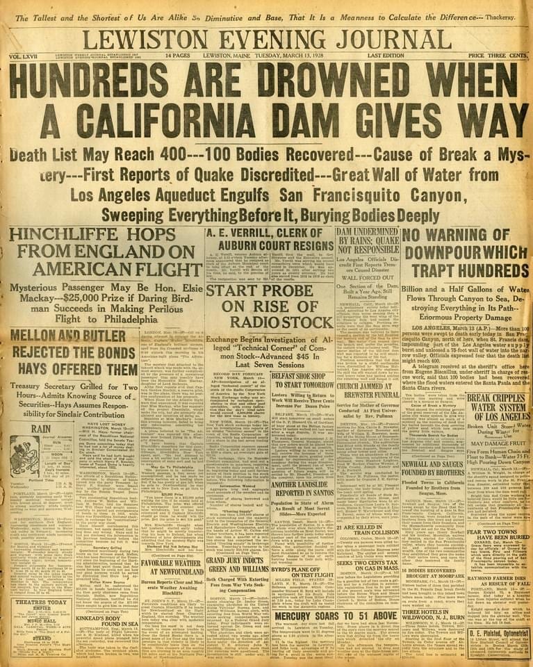 US Forest Service announces timetable for the management plan for the St Francis Dam Disaster National Memorial. Newspaper from Lewiston, Maine reported on the disaster on March 14, 1928. 